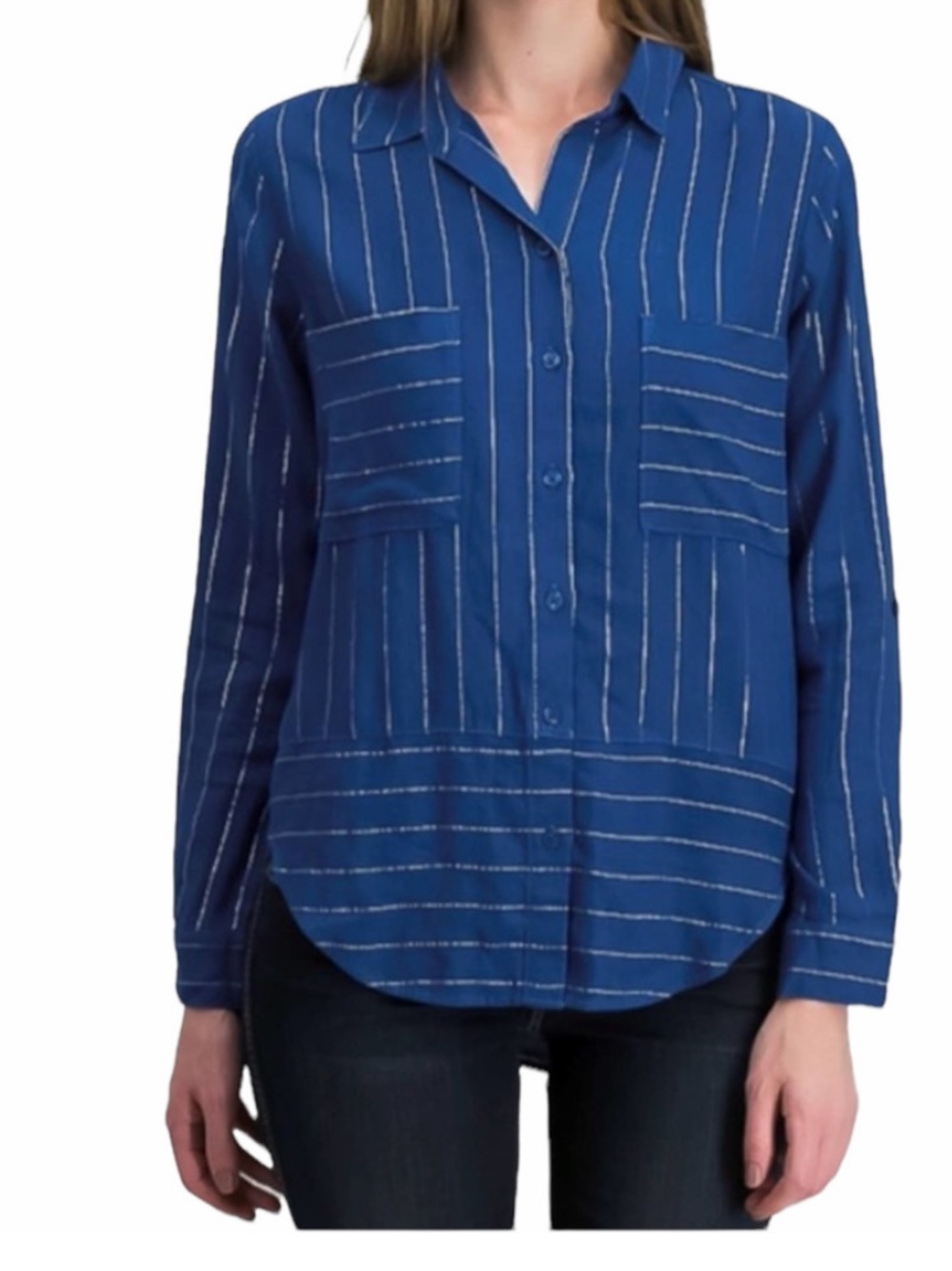 cloth & stone Navy Silver Striped Shirt Linen Blend Anthropologie X42